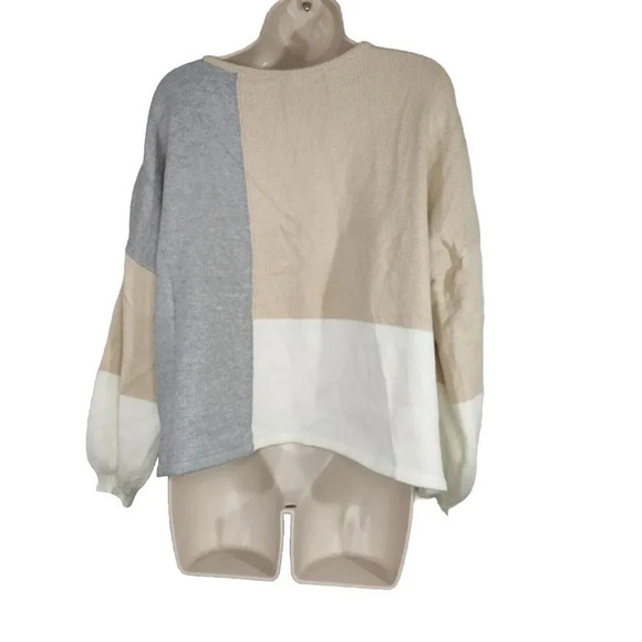 White Grey Tan Colorblock Knit Sweater Boxy Oversize Women Size L Bubble Sleeve - Picture 4 of 6